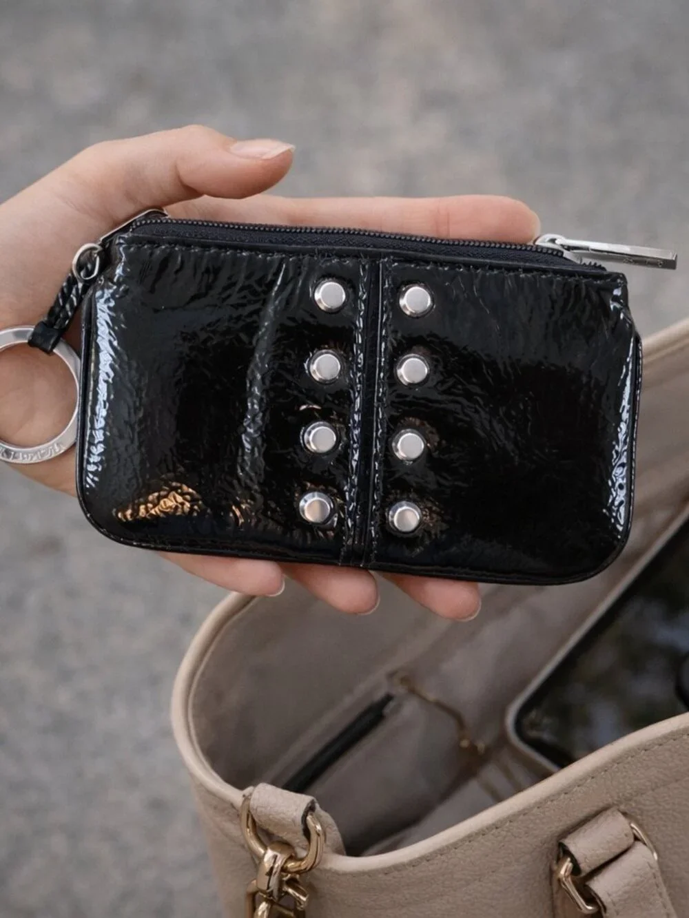 Michael Kors‎ Black Patent Leather Studded Coin Purse Key Ring Pouch